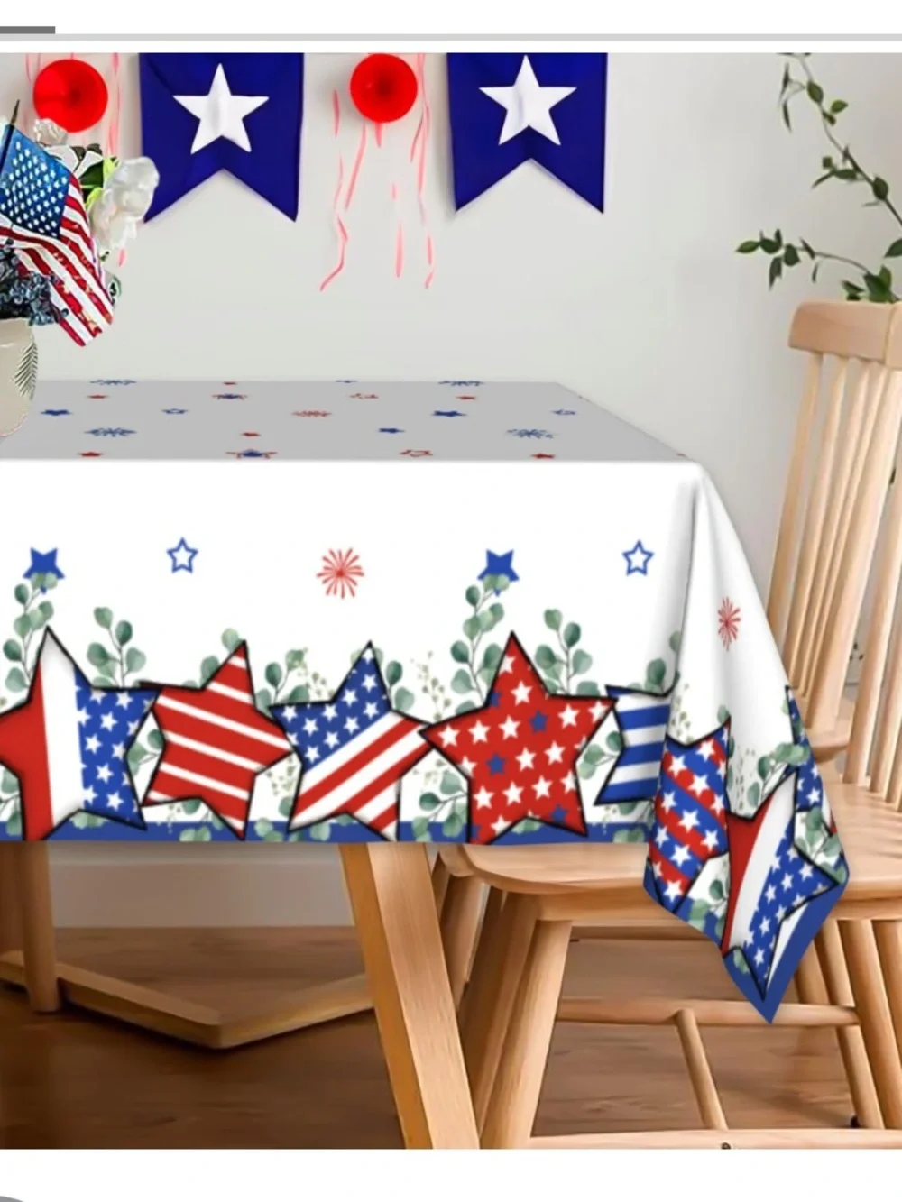 4th of July Tablecloth Polyester Washable Rectangular 60x84” RED BLUE WHITE